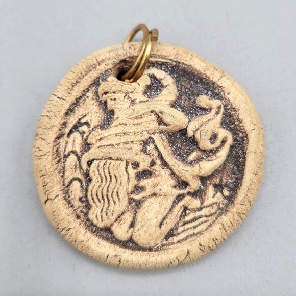 Handmade Ceramic Mythological Creature Pendant Etched Design - Picture 1 of 3